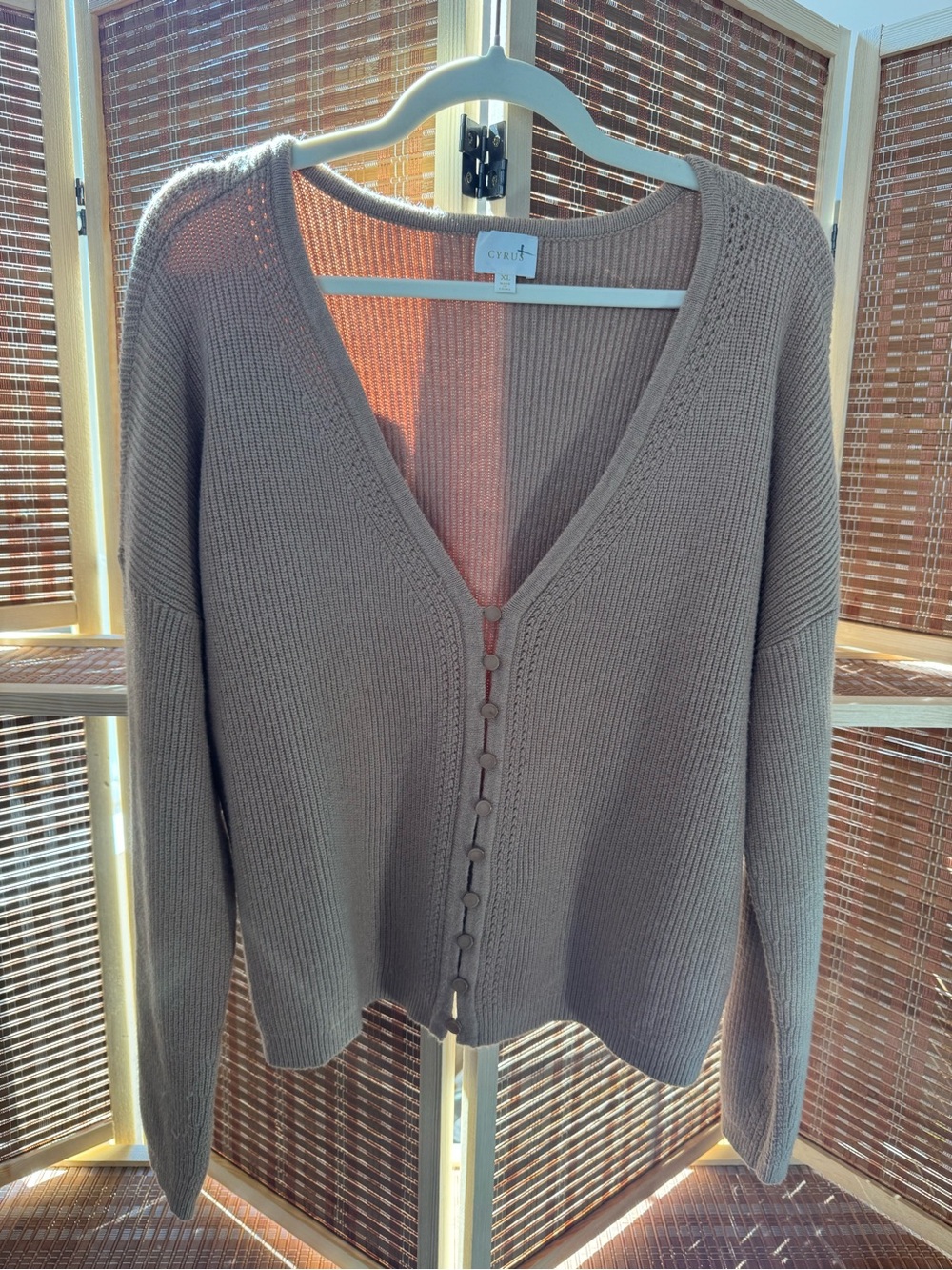 Cyrus Taupe V-Neck Button-Front Ribbed Cardigan